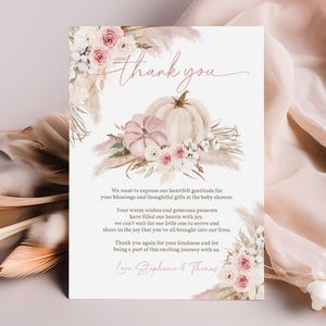 Editable Pumpkin baby shower thank you card A Little Pumpkin Thank you note Boho Fall Bohemian Pink Floral Autumn Girl Printable Bab251