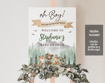 Let the Adventure Begin Baby Shower welcome sign Woodland animals welcome poster Forest Mountain Digital Editable Printable Download Bab194