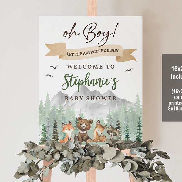 Let the Adventure Begin Baby Shower welcome sign Woodland animals welcome poster Forest Mountain Digital Editable Printable Download Bab194