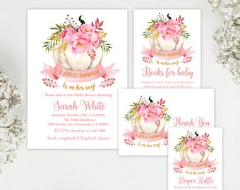 Pumpkin Baby Shower Invitation Set, Pink Floral Fall (Editable Download)