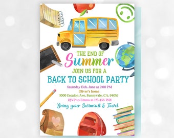 Back to school party Invitation End of summer Invite School Kids School Bus Digital 5x7in 8.5x11in Editable Printable Download Par31