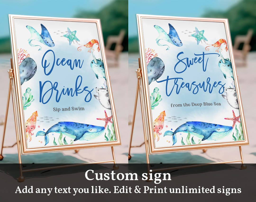Ocean Birthday Table Sign - Custom Under the Sea Party Decor Editable ...