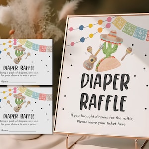 Carte de signe de tombola de couches pour bébés Taco Bout, jeu de baby shower Fiesta, décoration de fête mexicaine, cactus succulentes, modèle modifiable imprimable Bab243