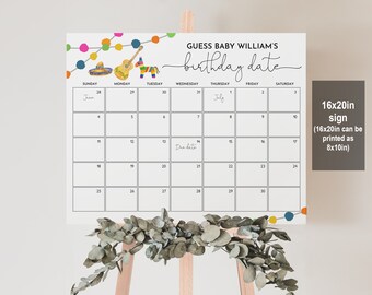 May include: A printable 16x20 inch sign with a calendar for guests to guess the baby's birthday date. The calendar is decorated with a colorful string of lights and a sombrero, guitar, and a pinata. The text on the sign reads "Guess Baby William's birthday date".