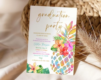 Invitación de graduación con piña: Fiesta tropical Luau (editable, descarga, grado 10)