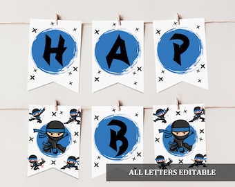 May include: A printable banner for a birthday party with the word "Happy" in black letters on blue circles. The circles have a white brushstroke effect. The banner is decorated with black stars and ninja figures.