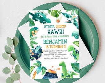 Dinosaur Birthday Invitation Cute Dino party Invite Boy Printable  T-rex 1st Green RAWR Invite Editable Download Bir227