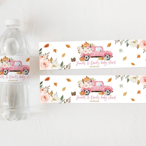 Pumpkin Baby shower Water Bottle Label Pumpkin Girl Pink Truck Drink Tag Fall Label Pumpkin Harvest Editable Printable Download Bab170