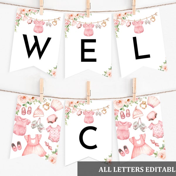 Girl baby clothes baby shower banner Laundry Garland Girl baby shower decoration Pink Floral Boho Digital Editable Printable Download Bab215