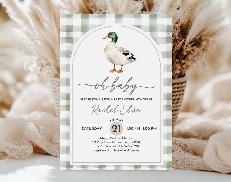 Mallard Duck Baby Shower Invitation: Green Plaid, Editable Bab329 image 4