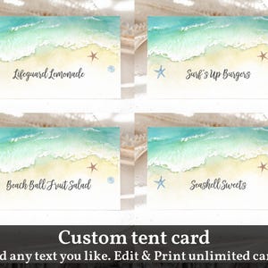 Tarjeta de carpa con comida de playa, decoración de mesa para baby shower, cumpleaños, costa, tarjeta de lugar, etiqueta de comida, océano, náutico, mar, verano, editable, imprimible, Bab213