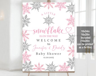 Snowflake baby shower welcome sign Winter Baby Shower poster A Little Snowflake is on the way Pink silver Editable Printable Download Bab173