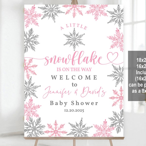 Snowflake baby shower welcome sign Winter Baby Shower poster A Little Snowflake is on the way Pink silver Editable Printable Download Bab173