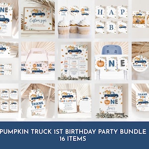 Pumpkin 1st Birthday Bundle Blue Pumpkin Truck Fall Shower Invite Pack Boy Autumn Boho Rustic Pumpkin Editable Printable Download Bir313