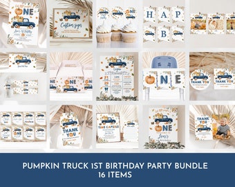 May include: A printable party bundle for a first birthday with a pumpkin truck theme. The bundle includes 16 items, such as invitations, thank you cards, cupcake toppers, and banners. The colors are blue, orange, and white.
