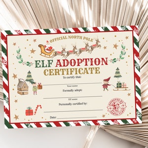 Certificado de adopción de elfo Navidad Digital Elf Adopt an Elf Carta Oficial de Adopción de Elfo Vacaciones Imprimible Editable Imprimible Descargar Eado1
