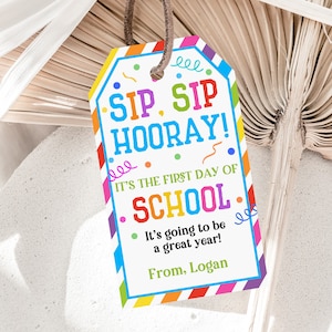 Straw back to school tag Sip Sip Hooray First Day of School Gift For Students Classroom tag Editable Download Printable Bst35