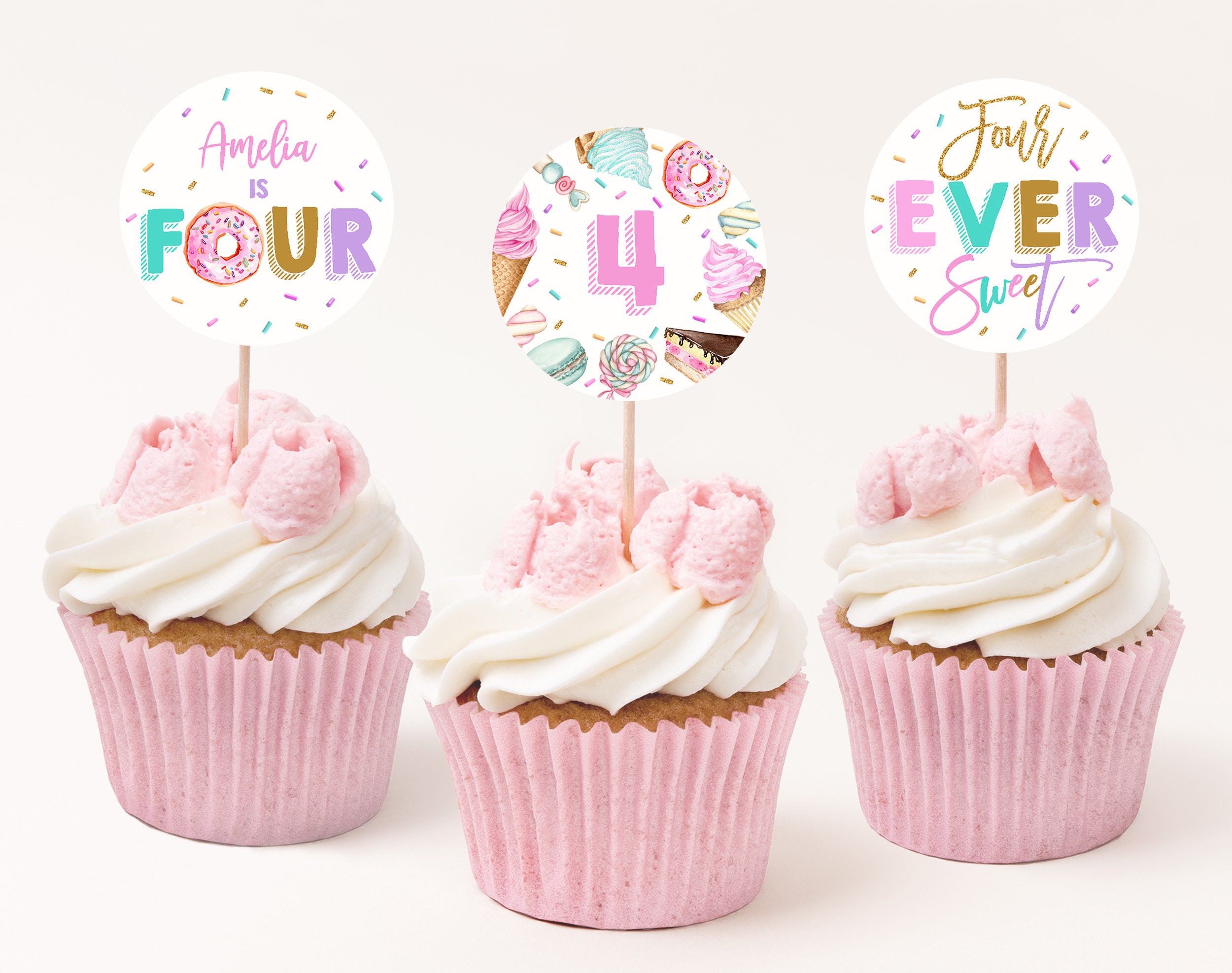 Four ever Sweet cupcake topper Sweet party Girl 4th Birthday Ice cream Donut Candy favor Tags Pastel Toppers Editable Printable Bir339