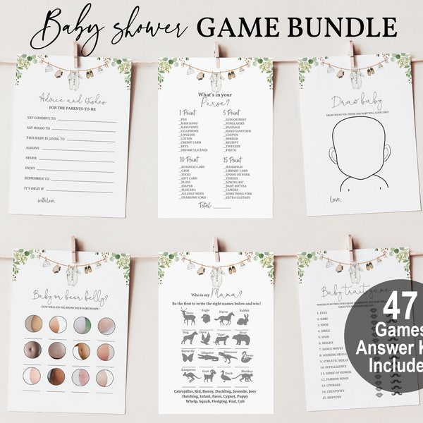 Gender Neutral Baby Clothes Baby Shower Game Pack Clothesline Game Set Laundry Greenery Boho Digital Editable Printable Download Bab235