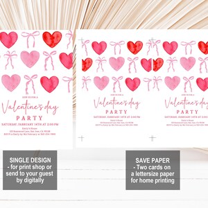 Puede incluir: Invitaciones para una fiesta de San Valent&iacute;n con corazones y lazos de acuarela en tonos rosa y rojo. El texto dice "&Uacute;nase a nuestra fiesta de San Valent&iacute;n" con fecha, hora y lugar. Incluye opciones para dise&ntilde;o &uacute;nico o ahorrar papel.