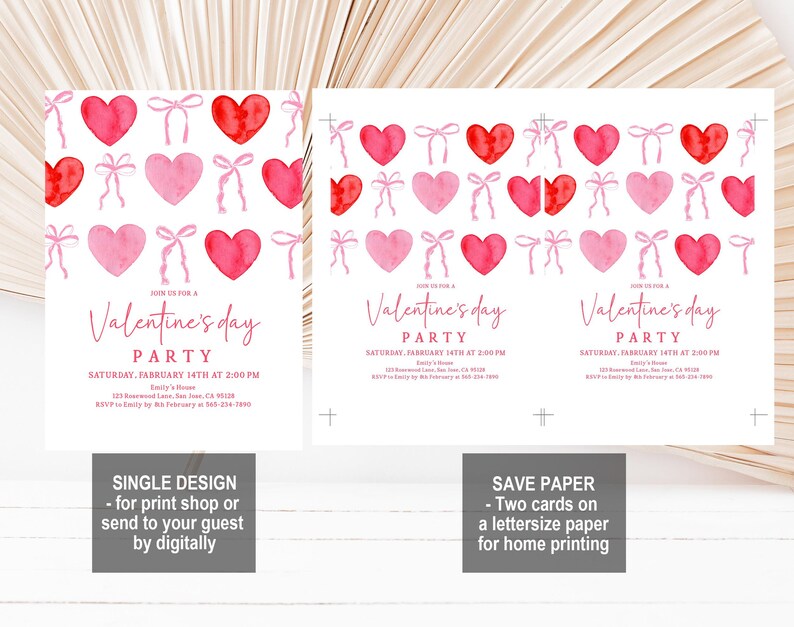 Puede incluir: Invitaciones para una fiesta de San Valent&iacute;n con corazones y lazos de acuarela en tonos rosa y rojo. El texto dice "&Uacute;nase a nuestra fiesta de San Valent&iacute;n" con fecha, hora y lugar. Incluye opciones para dise&ntilde;o &uacute;nico o ahorrar papel.