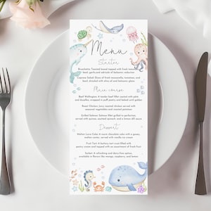 Unter dem Meer Party Menü Ocean Baby Shower Geburtstag Menü Bearbeitbare Vorlage Druckbare Meerestiere Thema Party Menü Tischdekoration Bab323