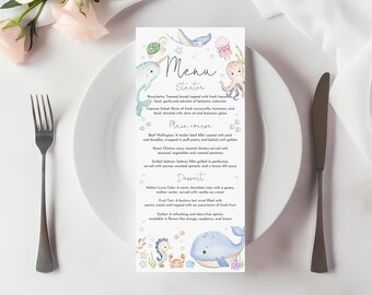 Puede incluir: Una tarjeta de menú de acuarela con un tema náutico. El menú presenta un entrante, un plato principal y un postre. La tarjeta está decorada con ilustraciones de criaturas marinas, incluyendo una narval, una raya, un pulpo y una ballena.
