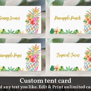 Étiquettes de nourriture Luau Étiquettes de nourriture hawaïennes Étiquettes d'ananas modifiables Marque-places thématiques Carte de tente Luau imprimable tropicale Bir130 Bab38 Bir490