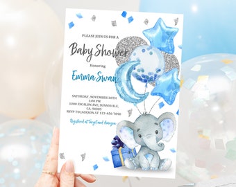 Elephant Baby Shower Invitation Elephant Baby Party Invite Sky Blue Balloon Boy Silver Glitter Confetti Download EDITABLE Printable Bab62