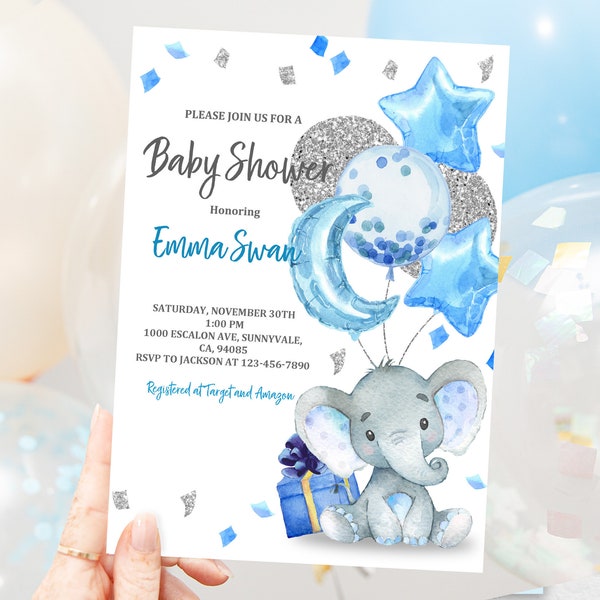 Elephant Baby Shower Invitation Elephant Baby Party Invite Sky Blue Balloon Boy Silver Glitter Confetti Download EDITABLE Printable Bab62