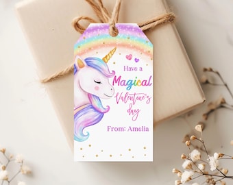 May include: A white unicorn with a rainbow mane and tail, with a rainbow and gold glitter background. The text reads "Have a Magical Valentine's Day" and "From: Amelia".