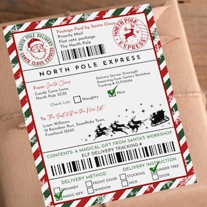 Sjabloon verzendlabels kerstman bewerkbare Noordpoolpoststickers cadeaukaartje sleepost Santa's Workshop Afdrukbaar cadeaulabel kerstman Chl8