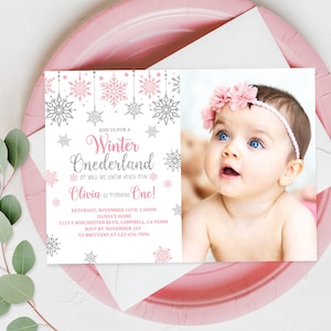 Winter Onederland birthday invitation snowflake Wonderland Invite pink silver Photo girl 1st birthday Editable Printable Download Bir8