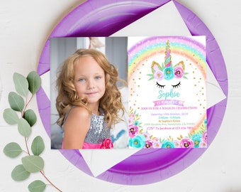 Unicorn Birthday Invitation Rainbow Party Gold Glitter Floral Girl Magical Day Invites 1st Editable Printable Template Download Rain1