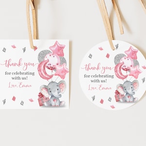 Pink Elephant Baby shower favor Labels Round Thank You Tag Sticker Printable Girl Pink Silver Confetti Editable Download Printable Bab69