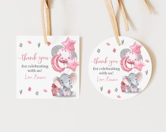 May include: Thank you for celebrating with us!  Pink and silver elephant party favor tags with a cute elephant holding balloons.  The text on the tag says "Thank you for celebrating with us! Love, Emma".