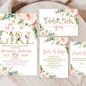Blush Pink Floral Baby Shower Invitation Set It’s a girl Package Invite Book for baby Diaper raffle Editable Printable Download Bab158