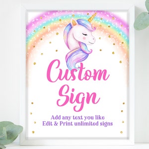 Unicorn Custom sign Rainbow Unicorn Birthday Party Sign Table Decoration Rainbow Gold Glitter Girl 1st Digital Printable Download Bir249