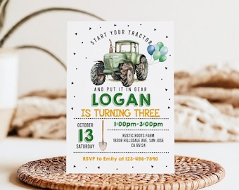Farm Tractor Birthday Invitation: Green Editable Printable Bir460