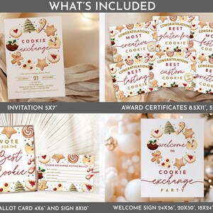 Puede incluir: Un conjunto de decoraciones imprimibles para una fiesta de intercambio de galletas navide&ntilde;as. El conjunto incluye una invitaci&oacute;n de 5x7 pulgadas, certificados de premio de 8,5x11 pulgadas, una tarjeta de votaci&oacute;n de 4x6 pulgadas, un letrero de 8x10 pulgadas y un letrero de bienvenida de 24x36 pulgadas. Las decoraciones presentan una ilustraci&oacute;n de acuarela de galletas, bastones de caramelo y un &aacute;rbol de Navidad.