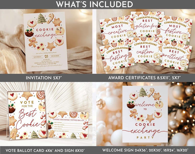Puede incluir: Un conjunto de decoraciones imprimibles para una fiesta de intercambio de galletas navide&ntilde;as. El conjunto incluye una invitaci&oacute;n de 5x7 pulgadas, certificados de premio de 8,5x11 pulgadas, una tarjeta de votaci&oacute;n de 4x6 pulgadas, un letrero de 8x10 pulgadas y un letrero de bienvenida de 24x36 pulgadas. Las decoraciones presentan una ilustraci&oacute;n de acuarela de galletas, bastones de caramelo y un &aacute;rbol de Navidad.