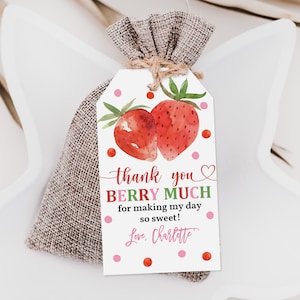 Étiquettes de remerciement d'anniversaire aux fraises, étiquettes de faveur, petits fruits, fraise sucrée, fête des fermiers, fille du marché numérique imprimable, téléchargement Bir278