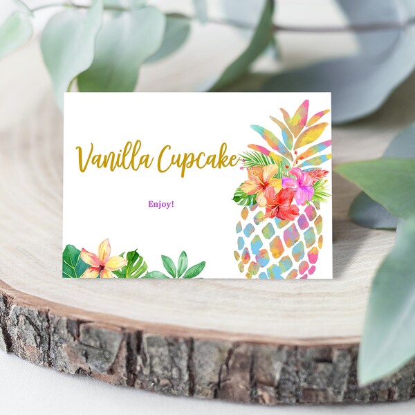 Ananas verjaardag voedsel tent kaart ananas baby shower tabel plaats kaart dubbelzijdig bewerkbaar, download Bir130 Bab38