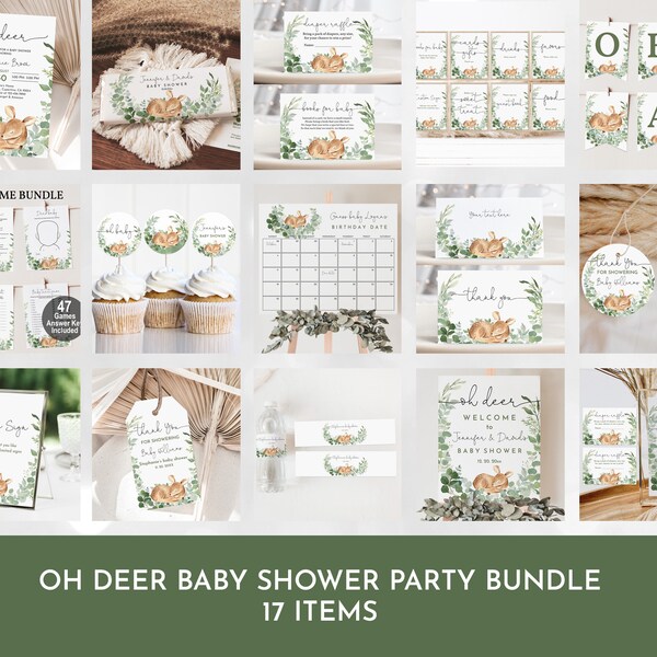 Oh deer baby shower bundle Woodland animals Forest animal Gender neutral Boy Set Greenery Forest Wild Boho Editable Printable Digital Bab120