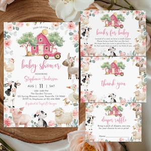 Farm Baby Shower Invitation Bundle Barn Animals Baby Shower Invite Editable Ranch Pink Floral Girl Printable Pink Barnyard Animals Bab360