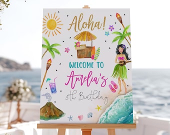 Luau Birthday Welcome Sign - Editable Pineapple Party Poster Bir363