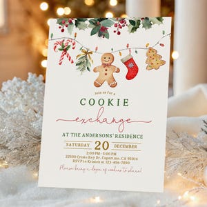 May include: A festive invitation for a cookie exchange. The design features watercolor illustrations of Christmas cookies, holly, and string lights. The text reads "Cookie Exchange" and includes event details like date, time, and location.
