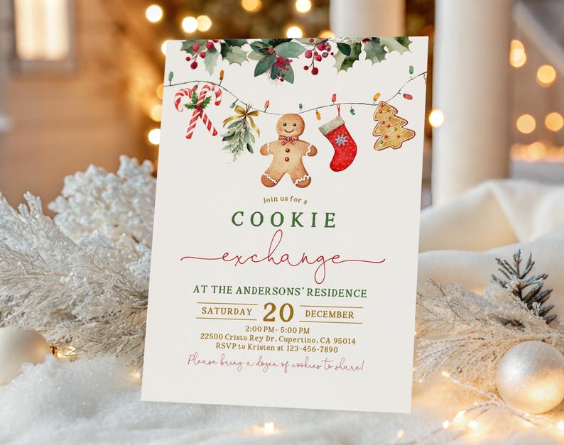 May include: A festive invitation for a cookie exchange. The design features watercolor illustrations of Christmas cookies, holly, and string lights. The text reads "Cookie Exchange" and includes event details like date, time, and location.