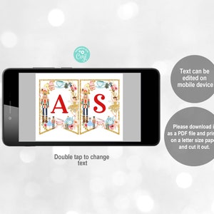 May include: A printable banner with the letters "AS" in red on a white background. The banner is decorated with images of a nutcracker, a ballerina, and other holiday-themed elements. The text "Double tap to change text" is visible at the bottom of the image.
