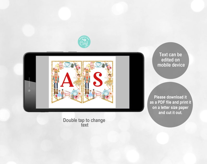 May include: A printable banner with the letters "AS" in red on a white background. The banner is decorated with images of a nutcracker, a ballerina, and other holiday-themed elements. The text "Double tap to change text" is visible at the bottom of the image.